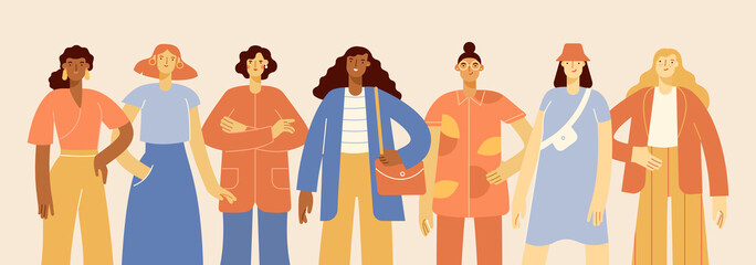 Portraits of diverse female characters standing together. Group of young women of different nationality in casual outfit. Modern and funny team. Vector illustration, flat design.