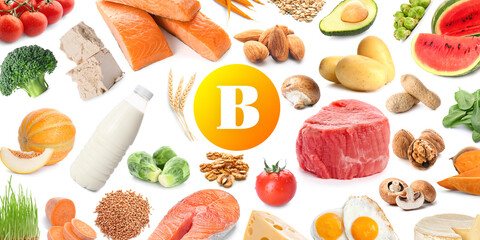 Healthy products rich in vitamin B on white background