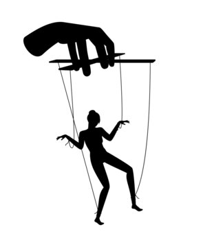 Woman puppet. Female person marionette manipulation, business puppeteer hand manipulate concept, male domination, control abuse exploitation, moral ethic dictate girl doll silhouette