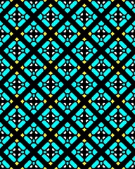 Illustration of a seamless tile pattern with ornaments in blue, white and yellow