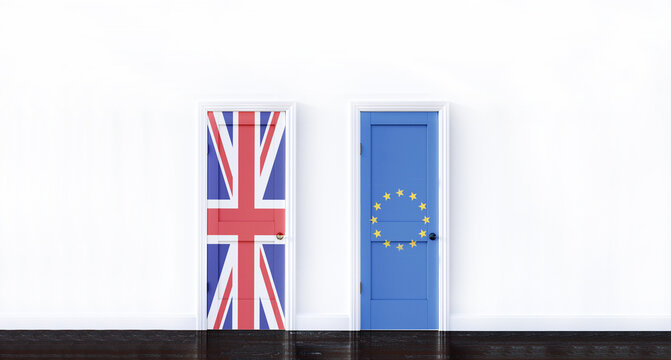 two doors with European union flag and Uk flag