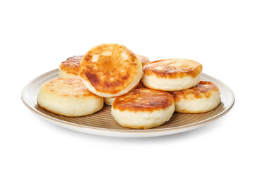 Obraz na płótnie Canvas Plate with tasty cottage cheese pancakes on white background
