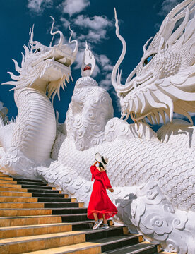 Wat Huay Pla Kang, white big buddha and dragons in Chiang Rai, Chiang Mai province, Thailand