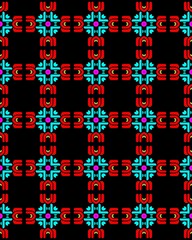 Illustration of a seamless tile pattern with checkered ornaments in purple, black, white and red