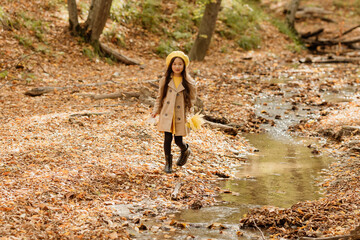 a little brunette Asian girl in autumn clothes walks in the autumn forest near a stream. High quality photo