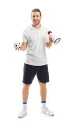 Sport fan with ball and megaphone on white background