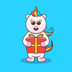 cute unicorn holding gift box illustration
