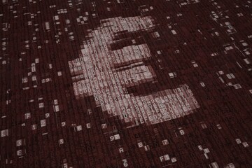 Euro currency symbol consisting of digital blocks. Blockchain concept, 3D rendering