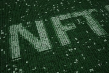 NFT or Non-Fungible Token text consisting of digital blocks. Blockchain concept, 3D rendering