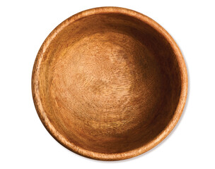 Empty brown wooden bowl isolated on white background, view from above. Top View