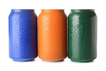 Cans of soda on white background