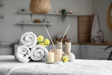 Beautiful spa composition on couch in salon