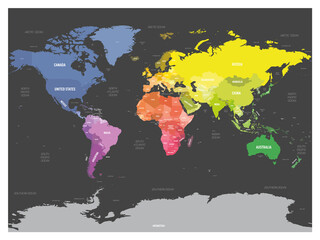 World map. High detailed political map of World with country, capital, ocean and sea names labeling. Colorful map on dark background.