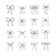 Vector collection of bows. Graphic linear illustration.Hand drawn graphic bows set. - 455592096