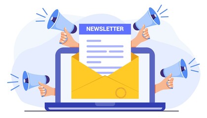 Subscribe now to our newsletter vector illustration with tiny people working with envelope and newsletter Buttons template Subscribe, submit Send by mail Follow me Business model newsletters content