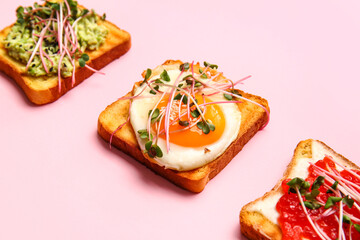 Different toasts with micro green on color background