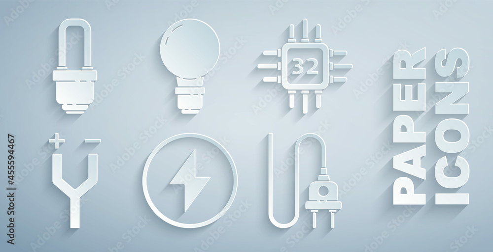 Poster set lightning bolt, processor with microcircuits cpu, electric cable, plug, bulb concept of idea and
