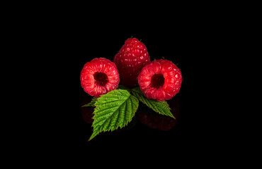 Raspberry isolated. Raspberries with leaf isolate. Raspberry with leaf isolated on black background