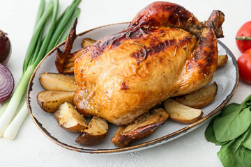 Plate with baked chicken and vegetables on light background, closeup