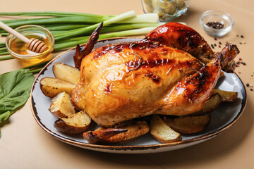 Plate with baked chicken and potato on color background, closeup