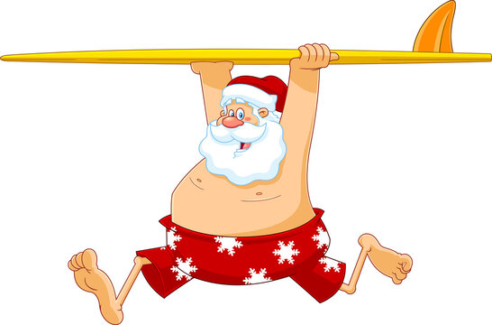 recommend clip art: Happy Santa Claus Cartoon Character Running With A Surfboard. Vector Hand Drawn Illustration Isolated On Transparent Background