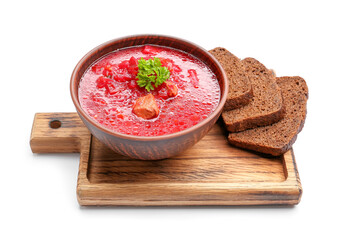 Bowl with tasty borscht and bread on white background