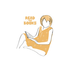 Pretty little girl in yellow dress reading the book sketch. Read books concept. Girl reading book vector hand drawn illustration