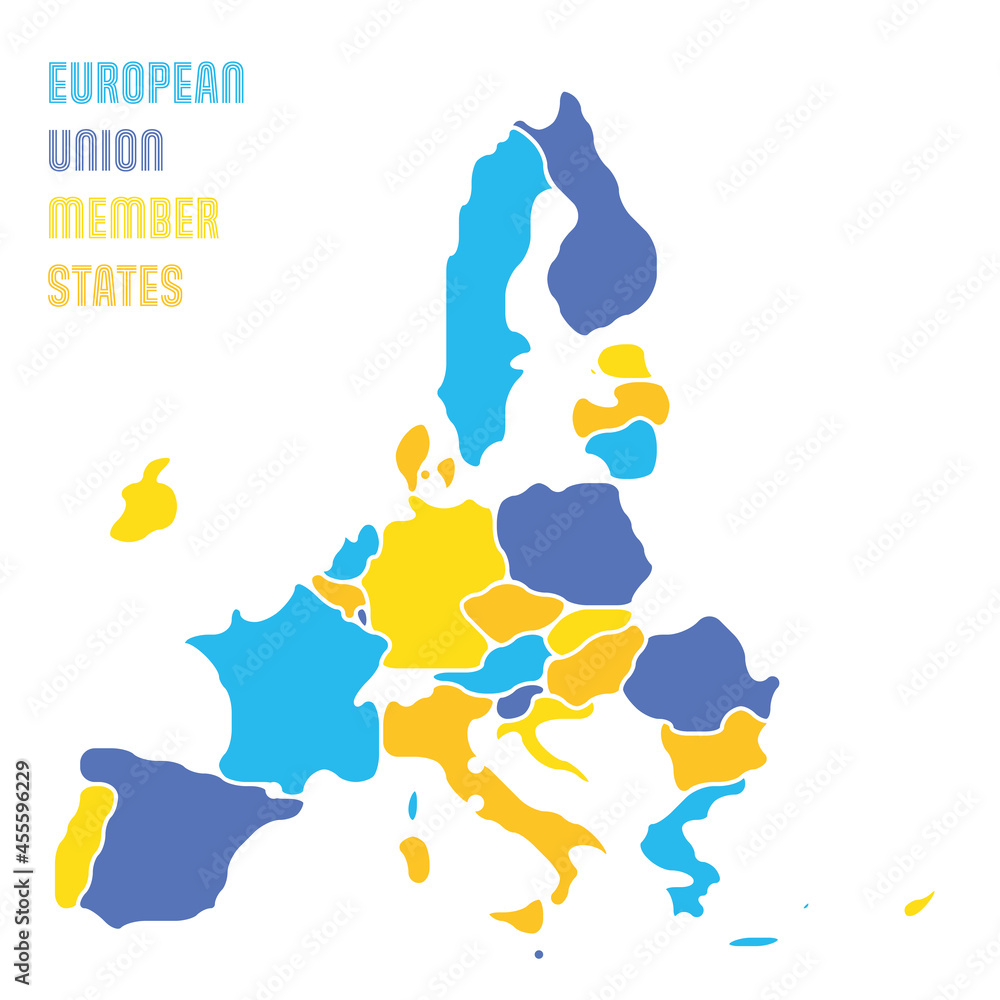 Poster simplified map of eu, european union. rounded shapes of states with smoothed border. colorful simple