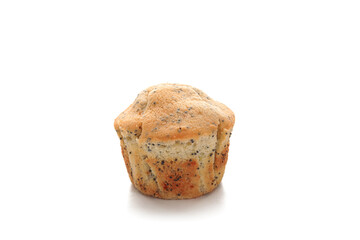 Delicious muffin with poppy seeds on white background