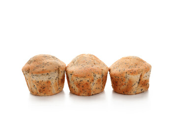 Delicious muffins with poppy seeds on white background