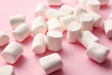 Fototapeta na wymiar Tasty marshmallows on color background, closeup