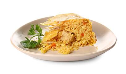 Plate with tasty Shah Pilaf on white background
