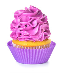 Tasty Birthday cupcake on white background