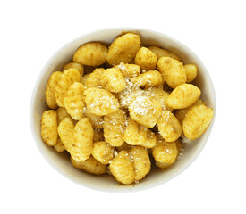 Bowl with tasty pesto gnocchi on white background