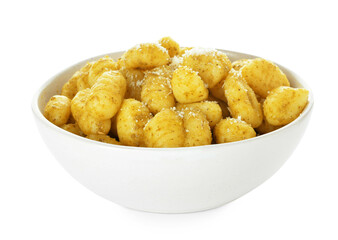 Bowl with tasty pesto gnocchi on white background