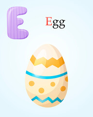 Kids banner template with english alphabet letter E and cartoon image of decorated chicken egg.