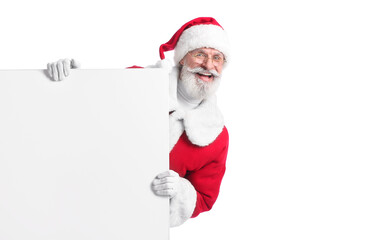 Santa Claus with blank poster on white background