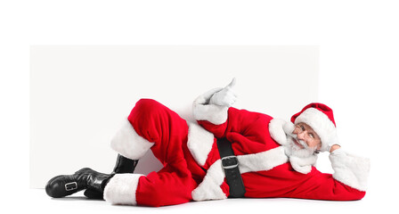 Lying Santa Claus with blank poster on white background - Powered by Adobe