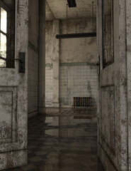 3d-illustration of an empty and scary corridor of a hotel or hospital