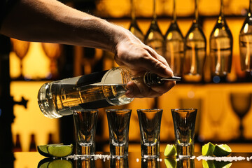 Bartender pouring tasty tequila into glasses at table in bar