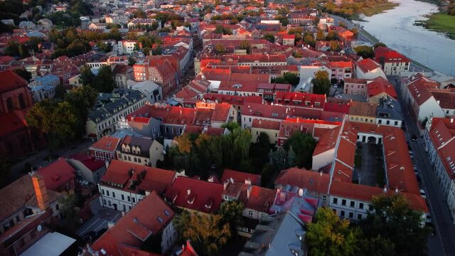 An aerial view of Kaunas old town with small residential buildings in Lithuania in 4