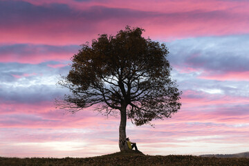 Fototapeta na wymiar Silhouette of tourist sitting under majestic tree at evening mountains meadow at sunset. Dramatic colorful scene with cloudy purple sky. Landscape photography