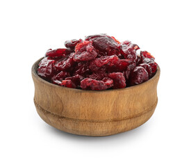 Bowl with tasty dried cranberries on white background