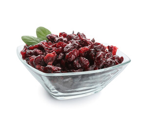 Bowl with tasty dried cranberries on white background