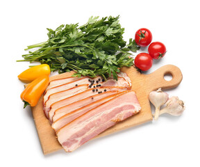 Wooden board with tasty smoked bacon and fresh vegetables on white background