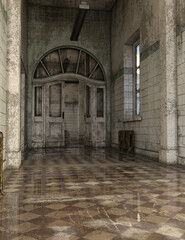 3d-illustration of an empty and scary corridor of a hotel or hospital