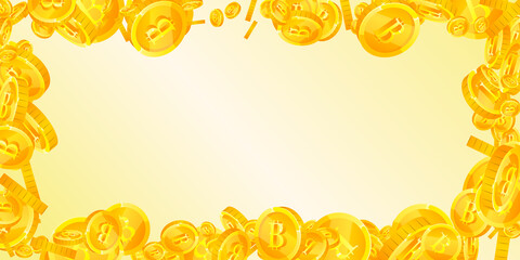 Bitcoin, internet currency coins falling. Incredible scattered BTC coins. Cryptocurrency, digital money. Memorable jackpot, wealth or success concept. Vector illustration.
