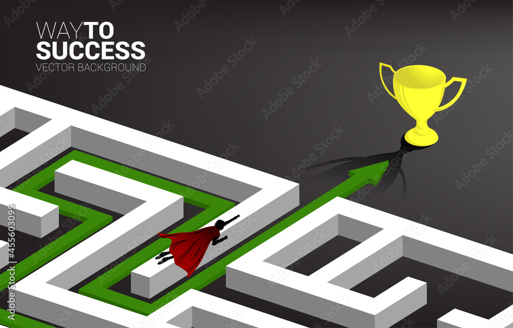 Poster silhouette of businessman flying over the maze to golden trophy. business concept for problem solvin
