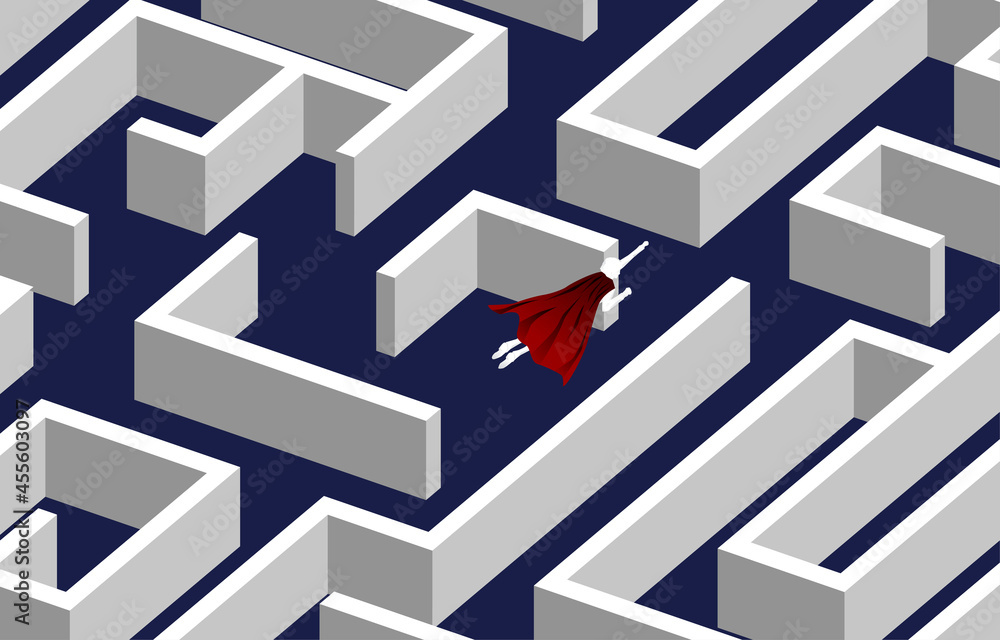Poster Silhouette of businessman flying over the maze. Business concept for problem solving and finding idea.