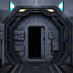 3D-illustration of a large corridor in a science fiction starship